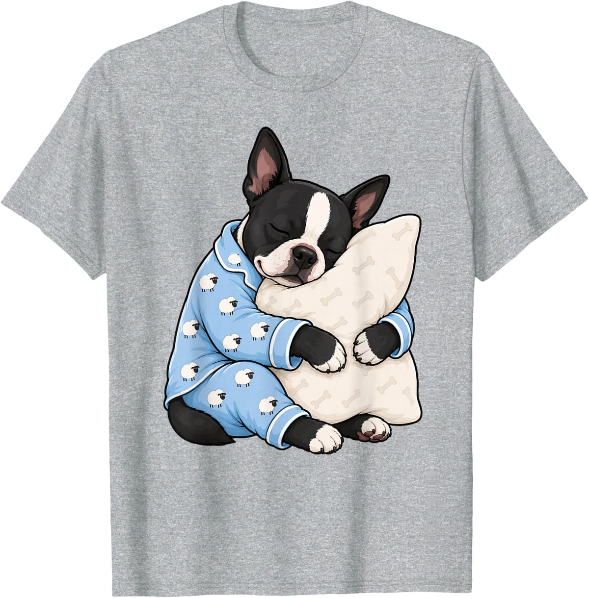Boston Terrier Sleeping in Cute Pajamas Sleep Dog T-Shirt - Heather Grey