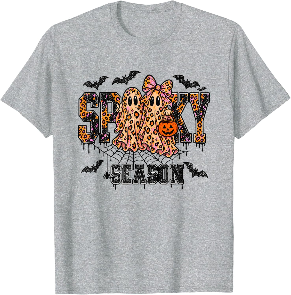 Spooky Season Ghost Leopard Halloween Pumpkin T-Shirt - Heather Grey