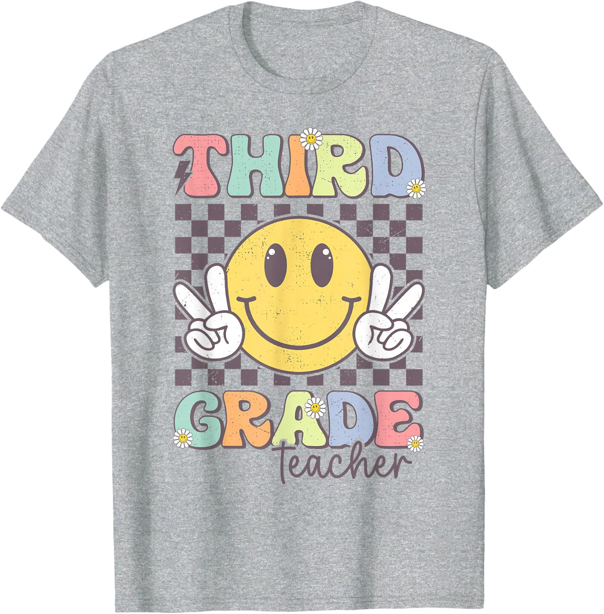 Third Grade Teacher Team Hippie Smile Face Back To School T-Shirt - Heather Grey