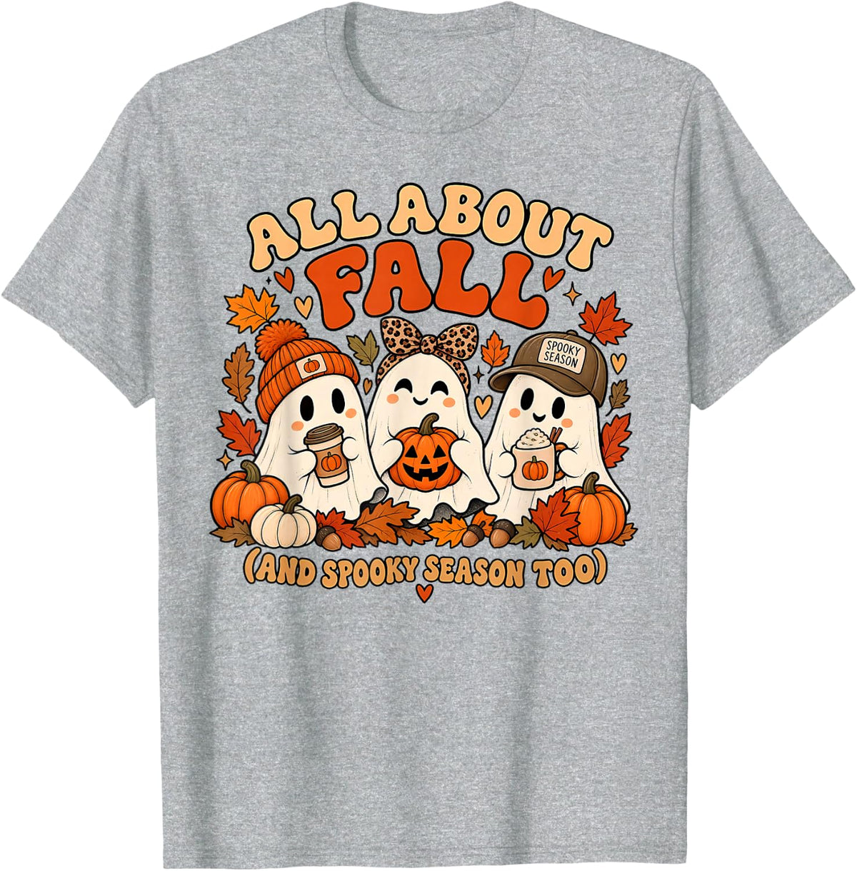 All About Fall Cute Ghost Pumpkin Spooky Season Halloween T-Shirt - Heather Grey