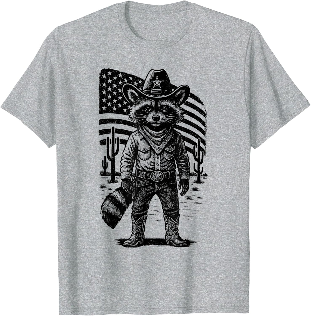 Vintage Cowboy Raccoon Tee Western Country T-Shirt USA Flag Trash Panda Tees - Heather Grey