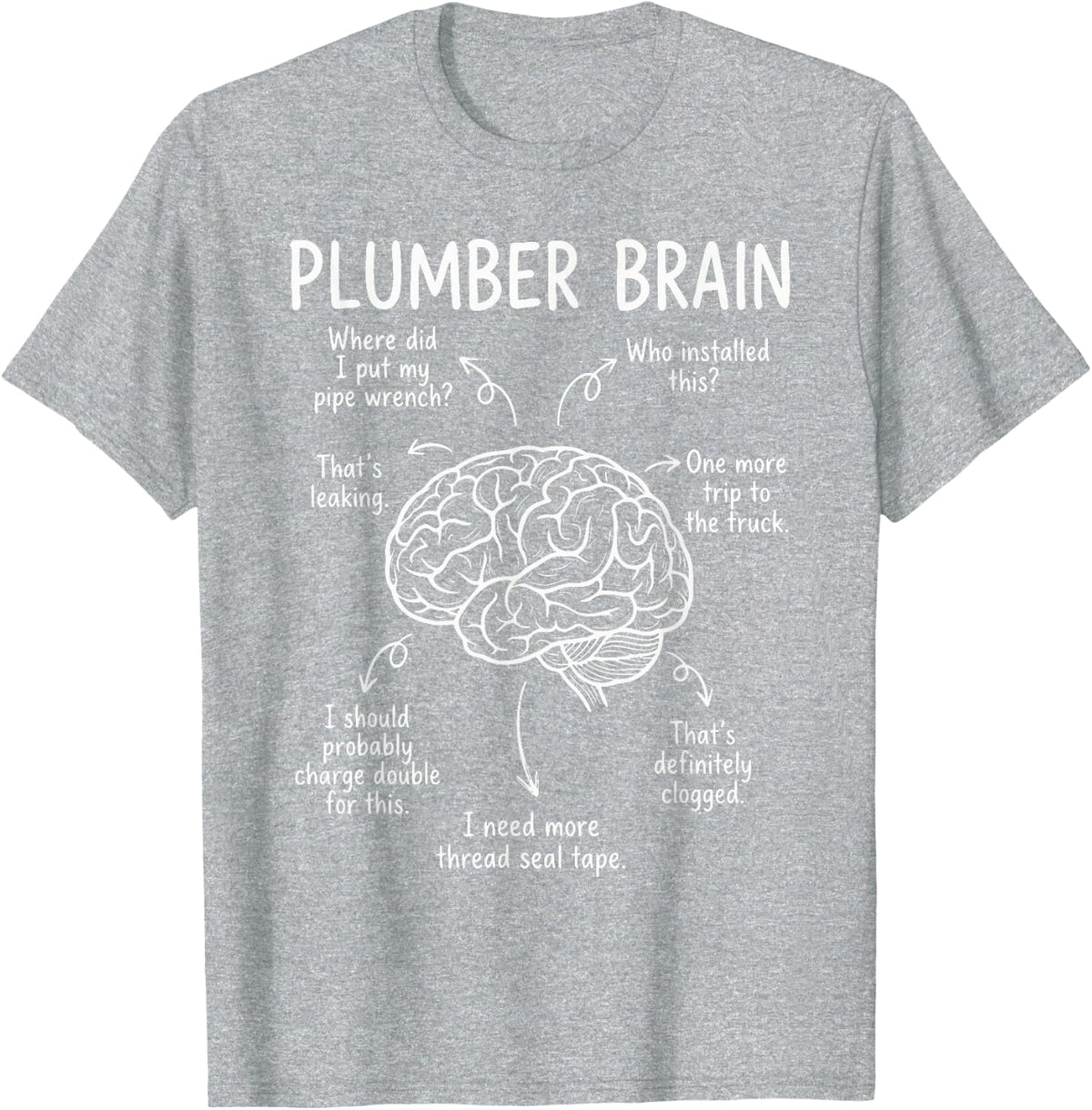 Funny Plumber Brain Sarcastic Plumbing Tradesman Humor T-Shirt - Heather Grey