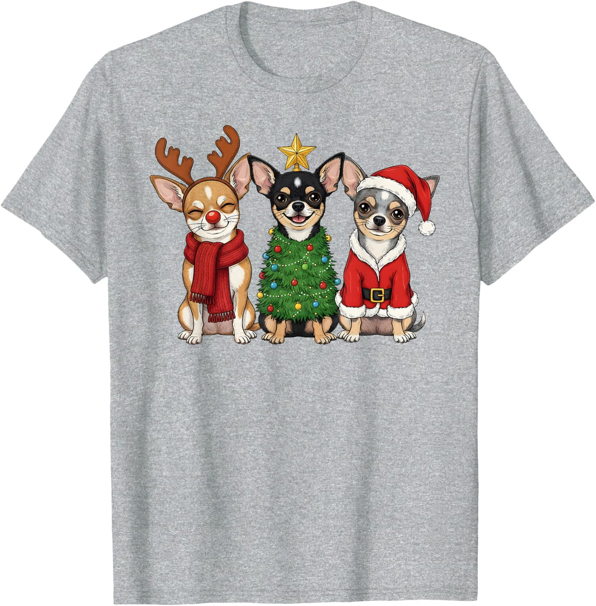 Retro Christmas Chihuahua Santa Reindeer Dog Lover T-Shirt - Heather Grey