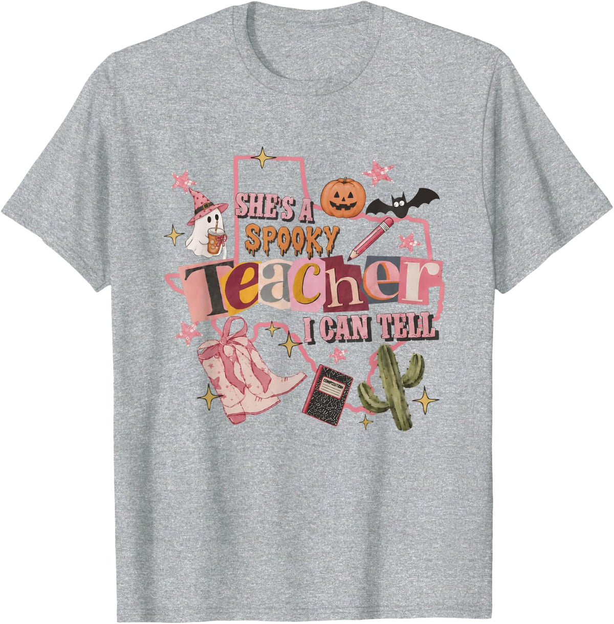She's A Spooky Teacher I Can Tell Spooky Halloween Cowgirl T-Shirt - Heather Grey