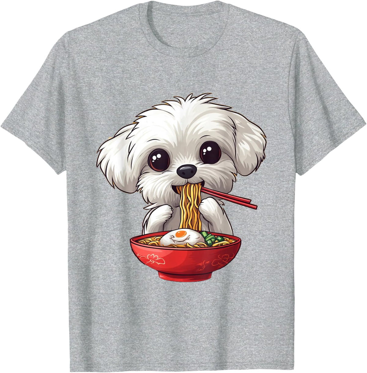 Cute Maltese Dog Eating Ramen Men Women Boys Girls T-Shirt - Heather Grey