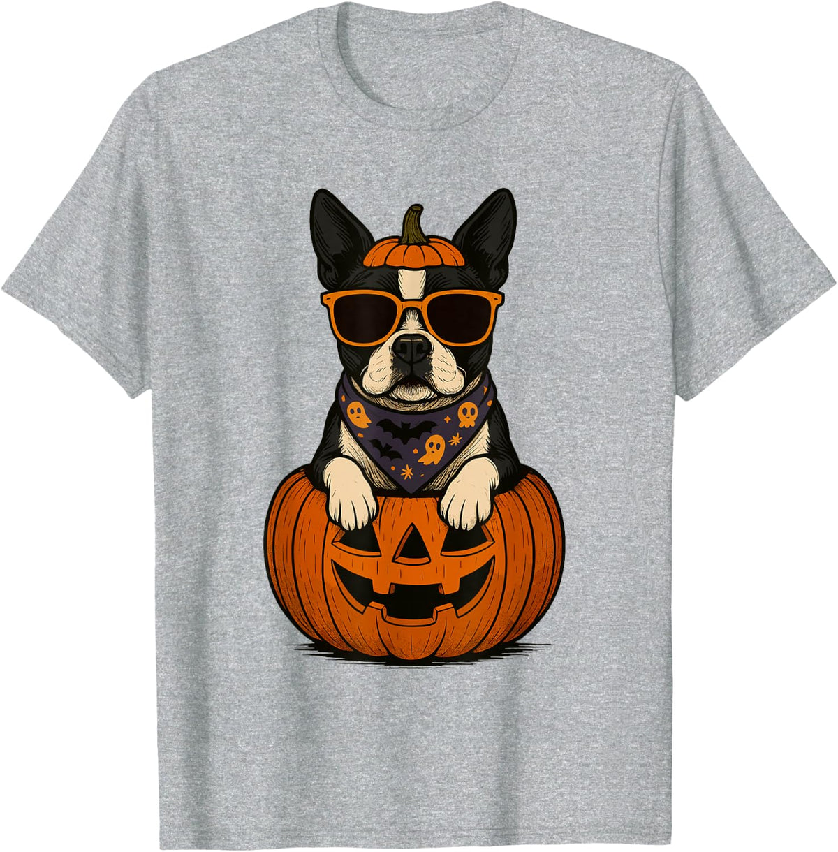 Spooky Boston Terrier Pumpkin Halloween Dog Lover T-Shirt - Heather Grey