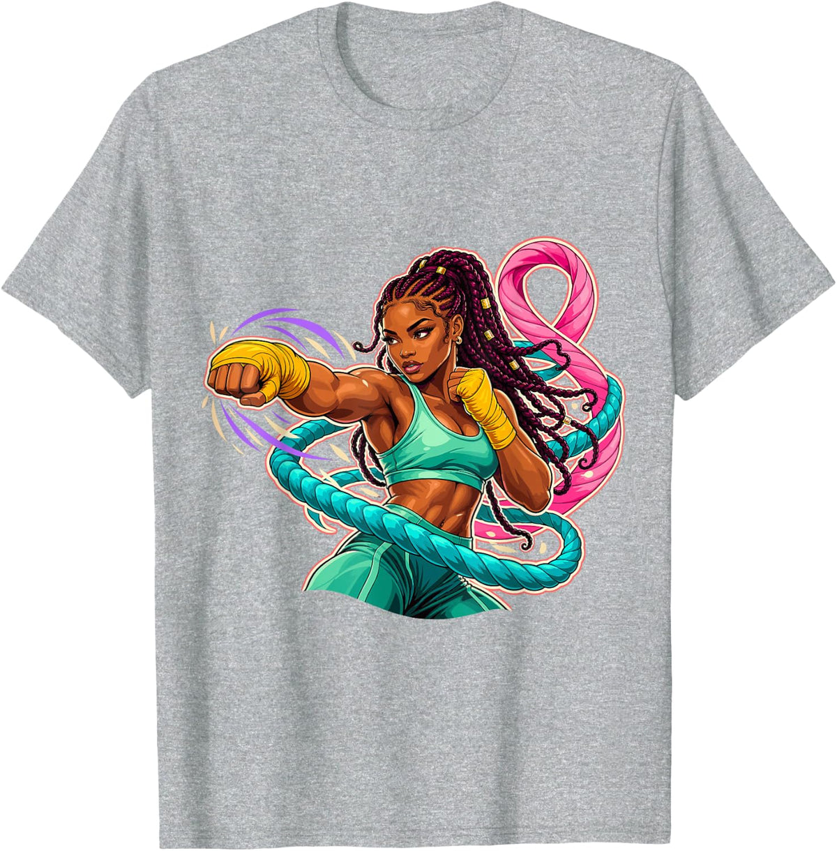 Powerful Female Boxer with Pink Bow Awareness Support T-Shirt - Heather Grey