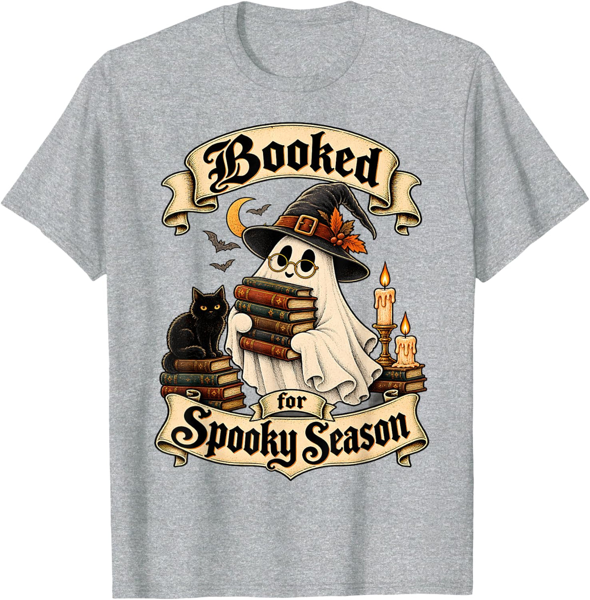 Booked for Spooky Season Ghost Librarian Halloween Bookworm T-Shirt - Heather Grey