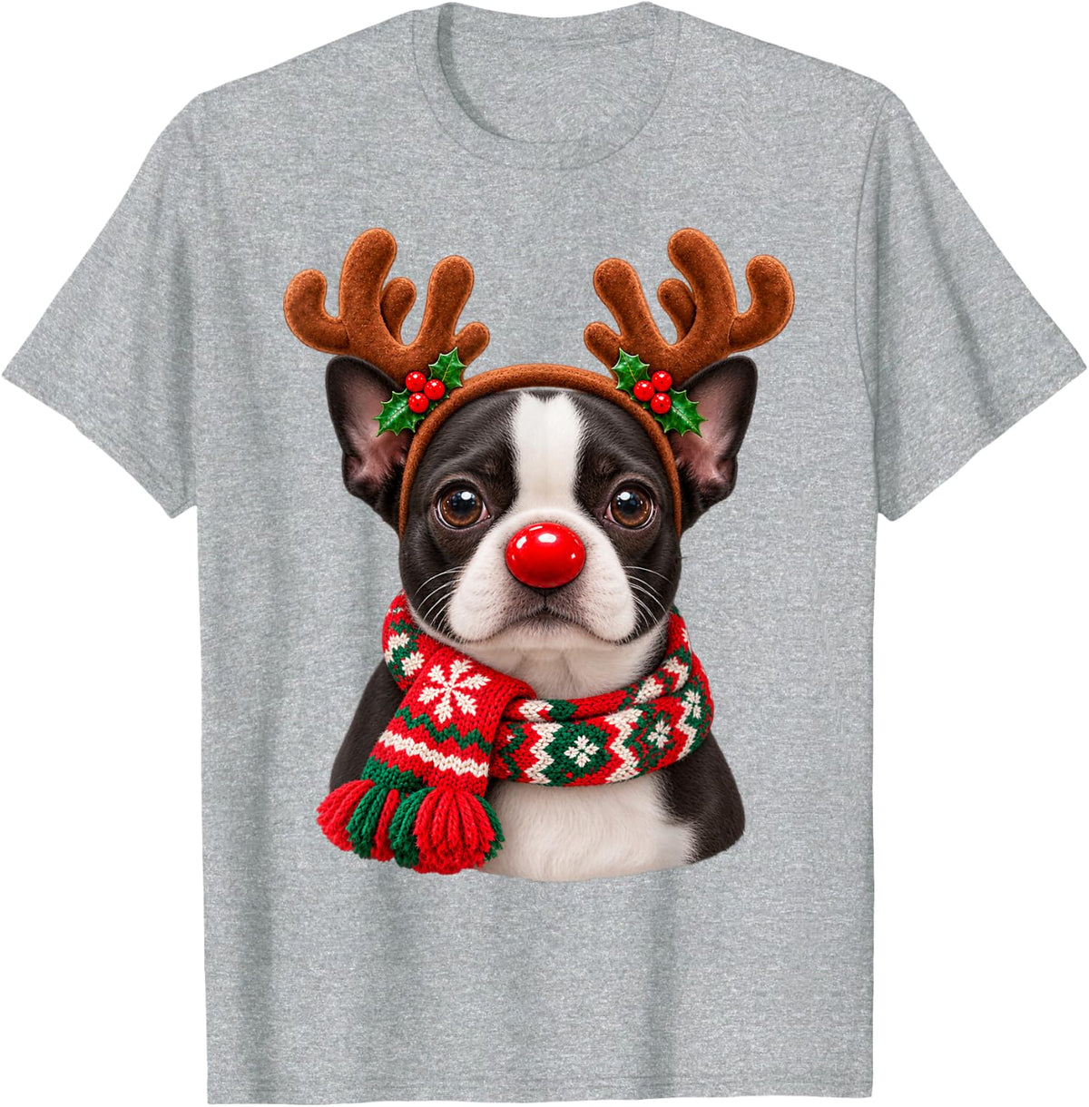 Christmas Boston Terrier Reindeer Dog Lover Boston Terrier T-Shirt - Heather Grey