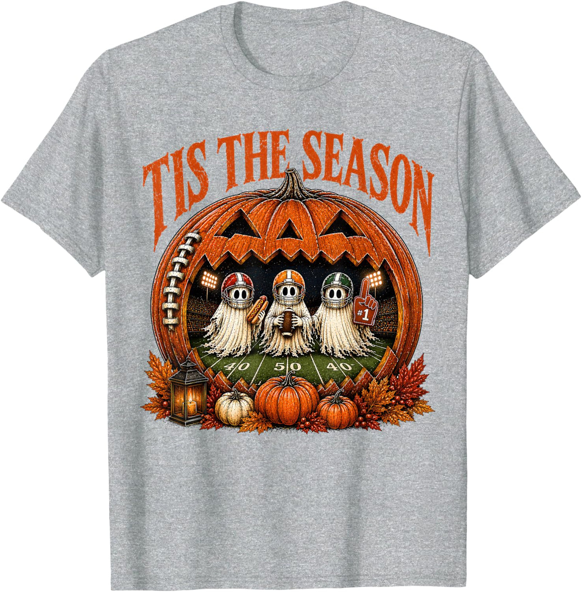 Tis The Season Spooky Football Ghost Pumpkin Field Game Day T-Shirt - Heather Grey