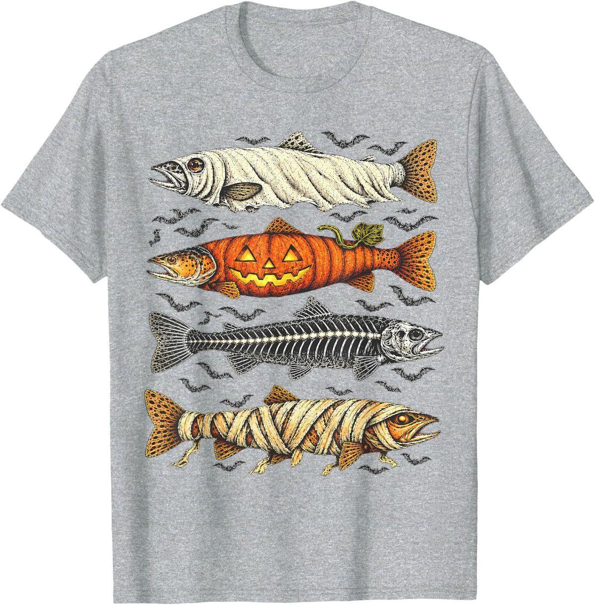 Spooky Halloween Trout Fish Ghost Pumpkin Skeleton Mummy T-Shirt - Heather Grey
