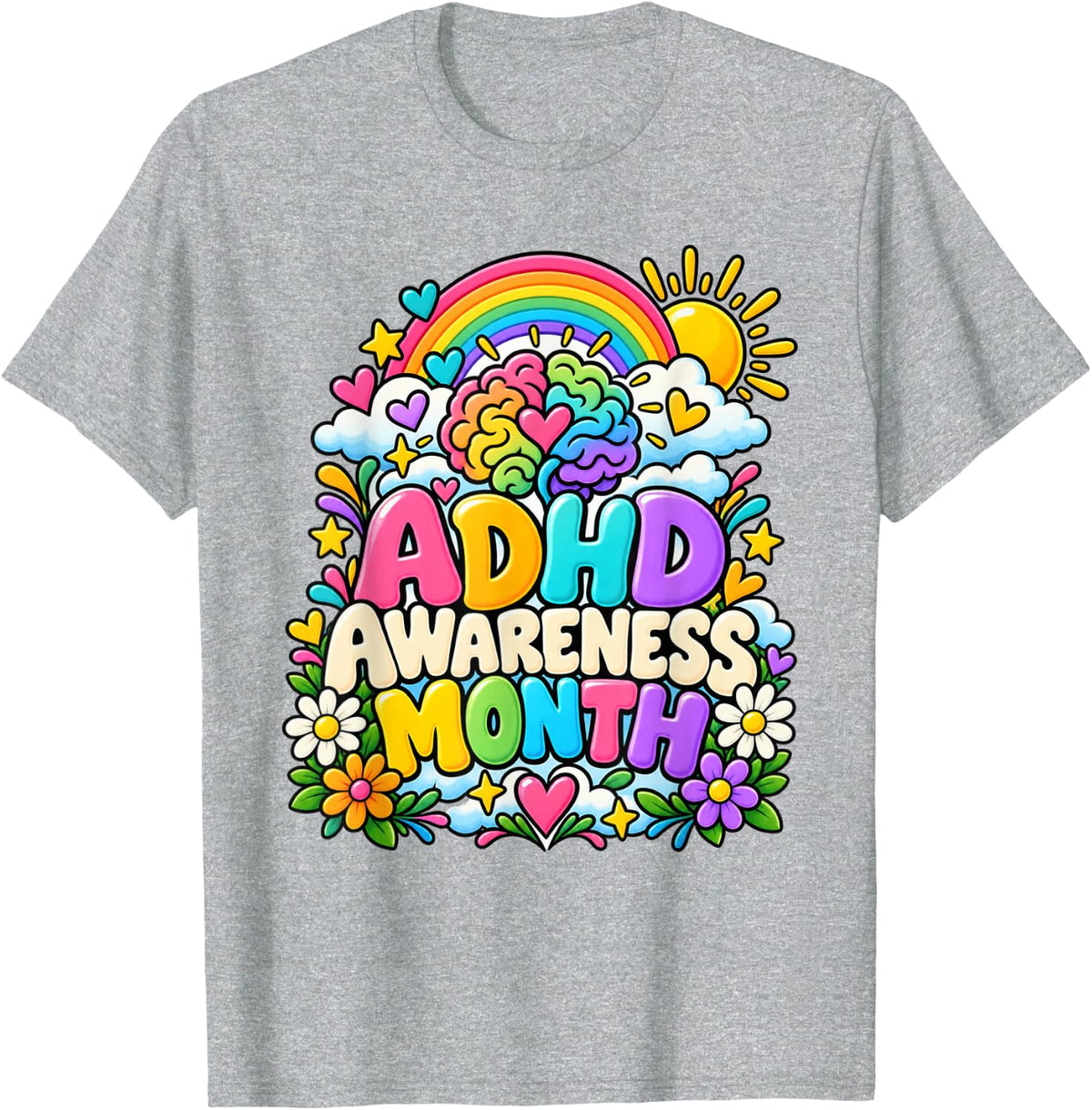 ADHD Awareness Month Neurodiversity Support Brain Advocate T-Shirt - Heather Grey