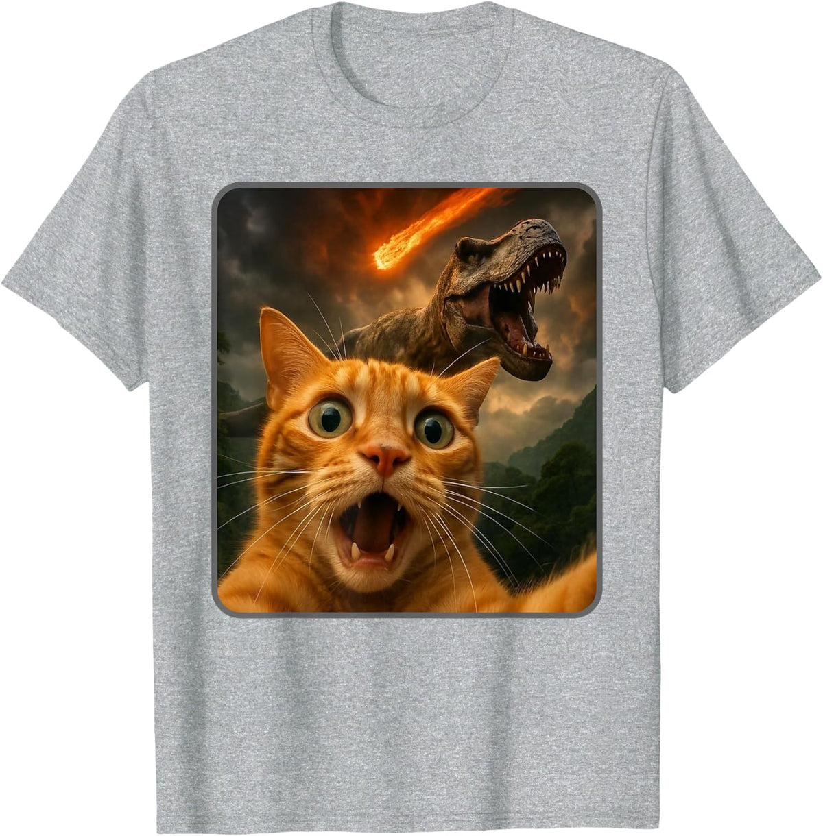 Cat Selfie with a T-Rex Funny Dinosaur Meme T-Shirt - Heather Grey