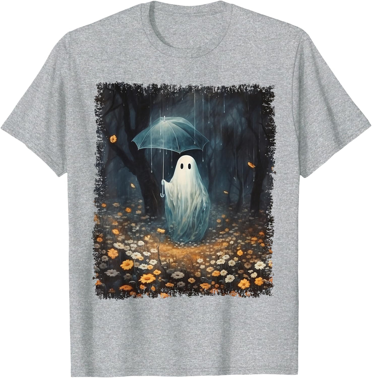 Vintage Halloween Spooky Ghost In The Forest Umbrella Gothic T-Shirt - Heather Grey