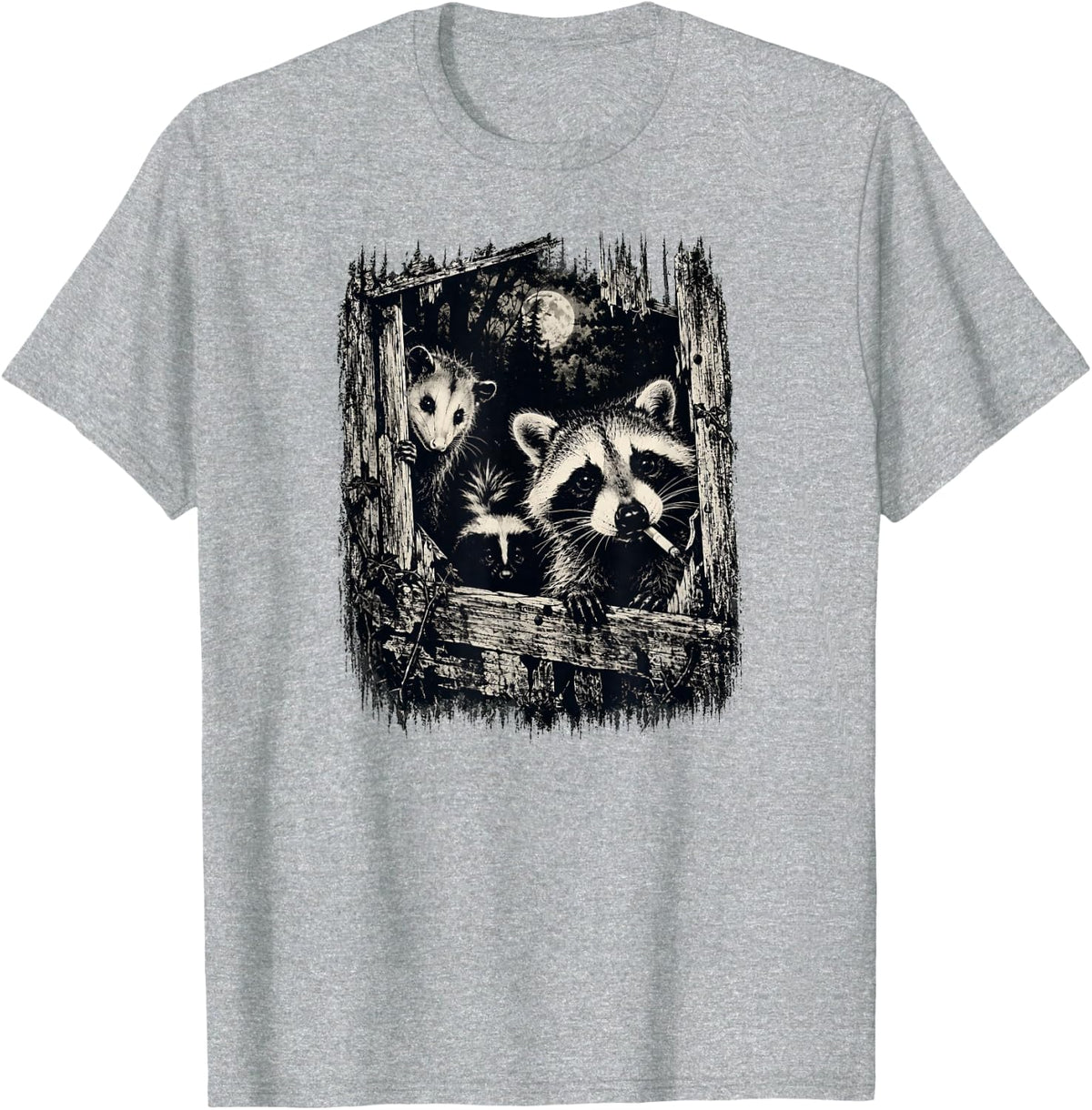 Trash Panda Night Crew Raccoon Opossum Skunk Vintage T-Shirt - Heather Grey