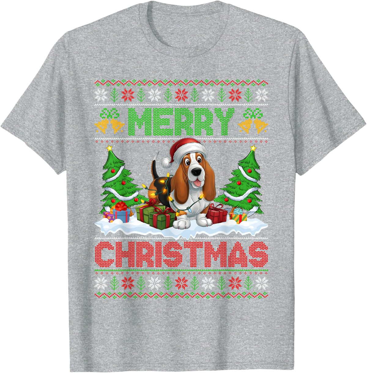 Xmas Tree Lighting Ugly Santa Hat Basset Hound Dog Christmas T-Shirt for Men Women Kids - Heather Grey