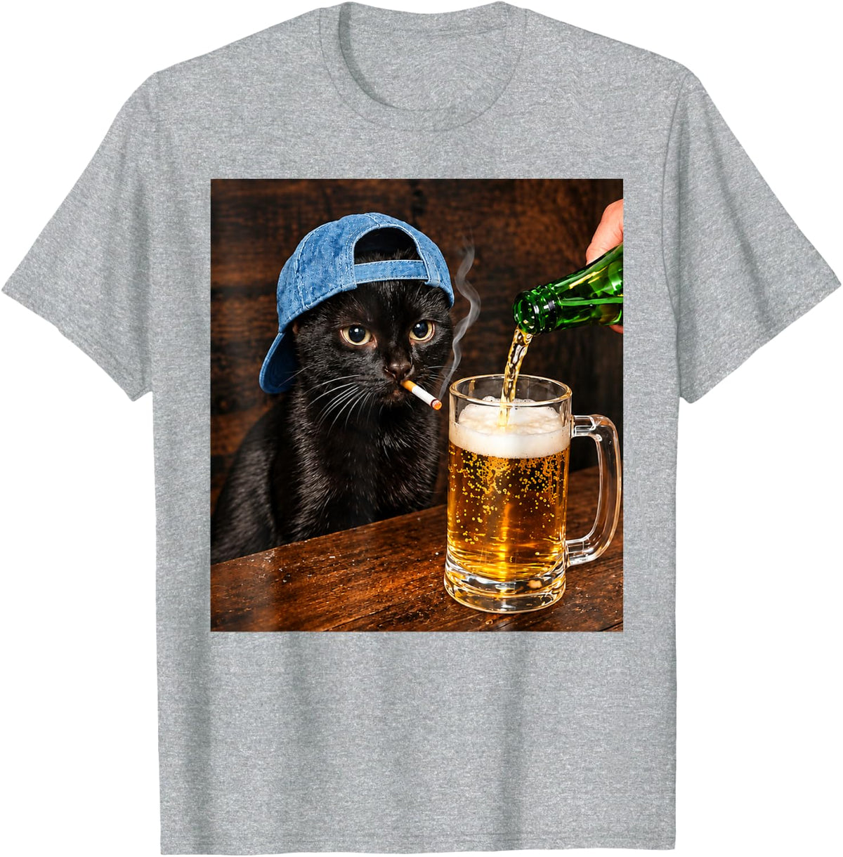 Funny Cat Drinking Beer Smoking Hat Graphic Bartender T-Shirt - Heather Grey