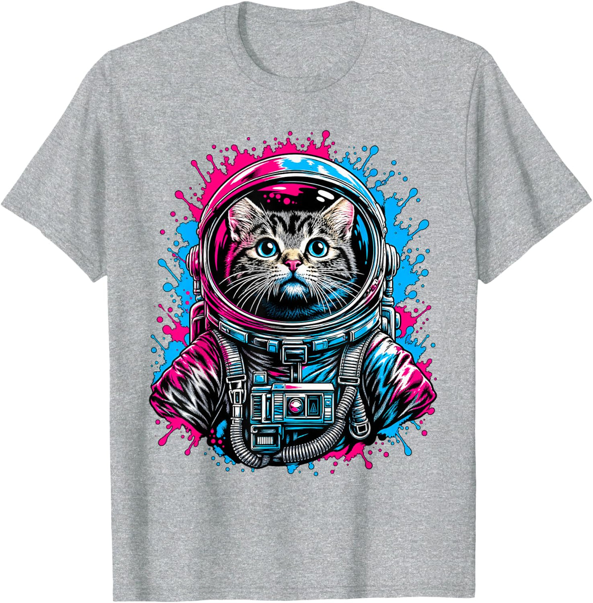 Astronaut Cat Splatter Art - Cute Tabby Kitten in Space T-Shirt - Heather Grey