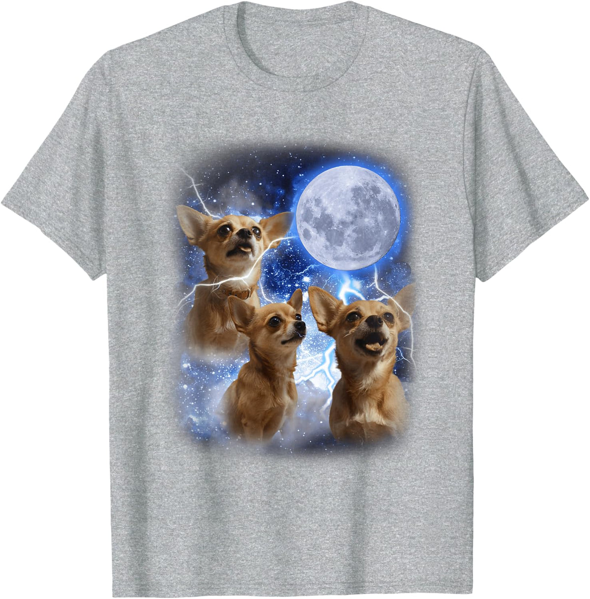 Three Chihuahuas Howl at Moon - 3 Dogs Funny Wolves Parody T-Shirt - Heather Grey