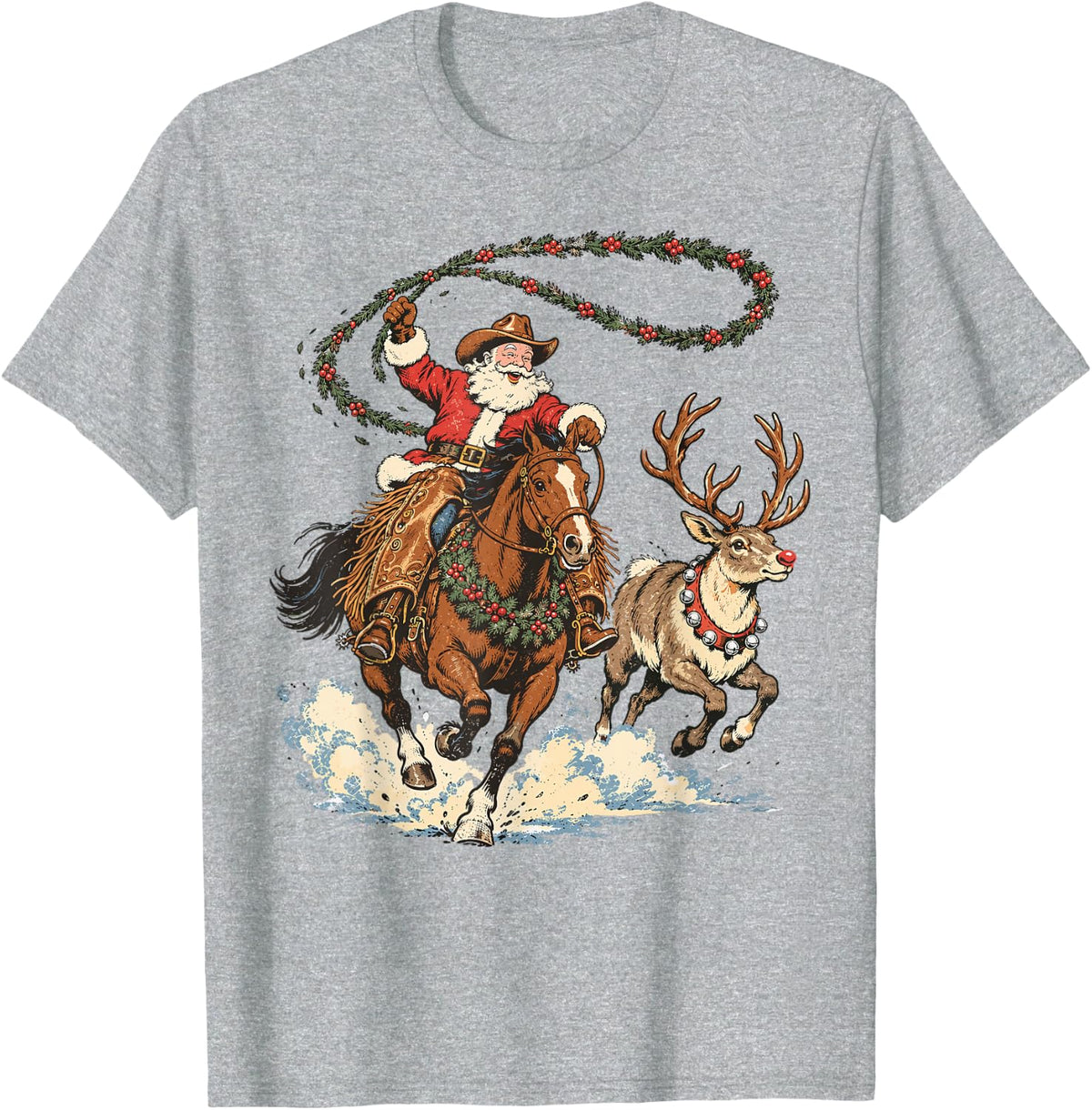 Vintage Cowboy Santa Western Christmas Santa On Horse Xmas T-Shirt - Heather Grey