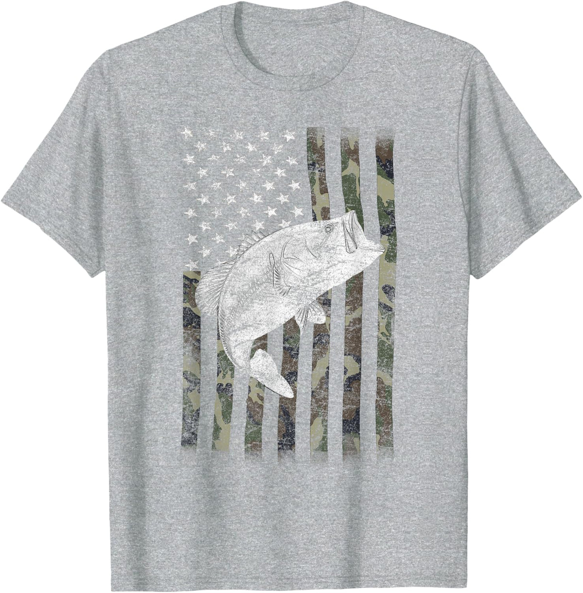 Bass Fishing US American Flag Large Mouth Camo T-Shirt for Women Kids Men - Heather Grey